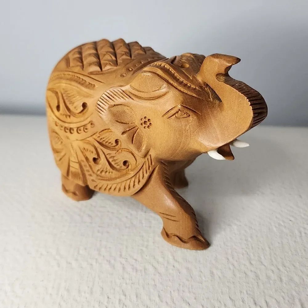 Wooden Elephant Statue 3" Inches Upside Trunk Hand Carved Animal Figures India